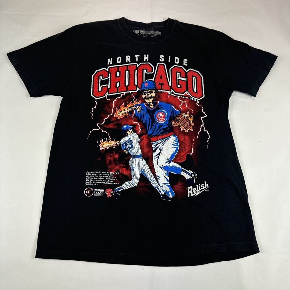 Chicago Cubs Relish Brand Shirt‎ Mens M Baseball MLB Skull Flames Retro Vintage